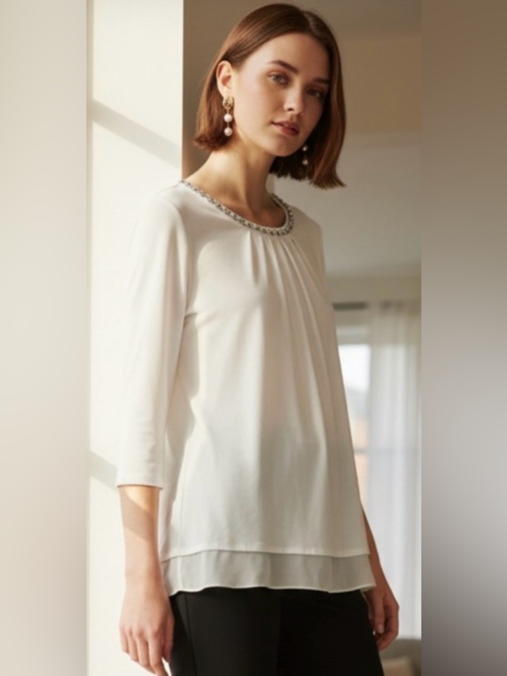 White House Black Market Ecru color Embellished-Neck Blouse 3/4 Sleeve